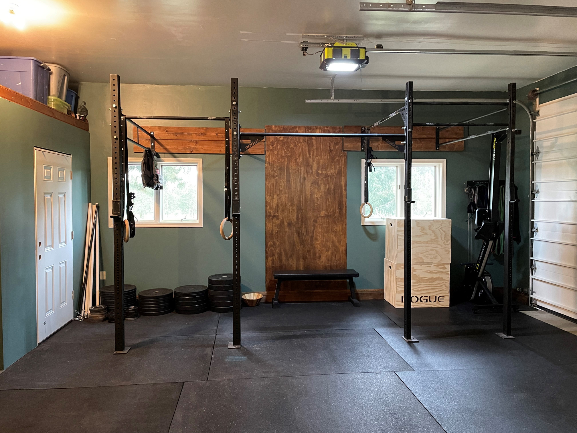 CrossFit Gym in McCall Idaho with Rogue equipment, rings, barbells, weights, rig, plyo boxes